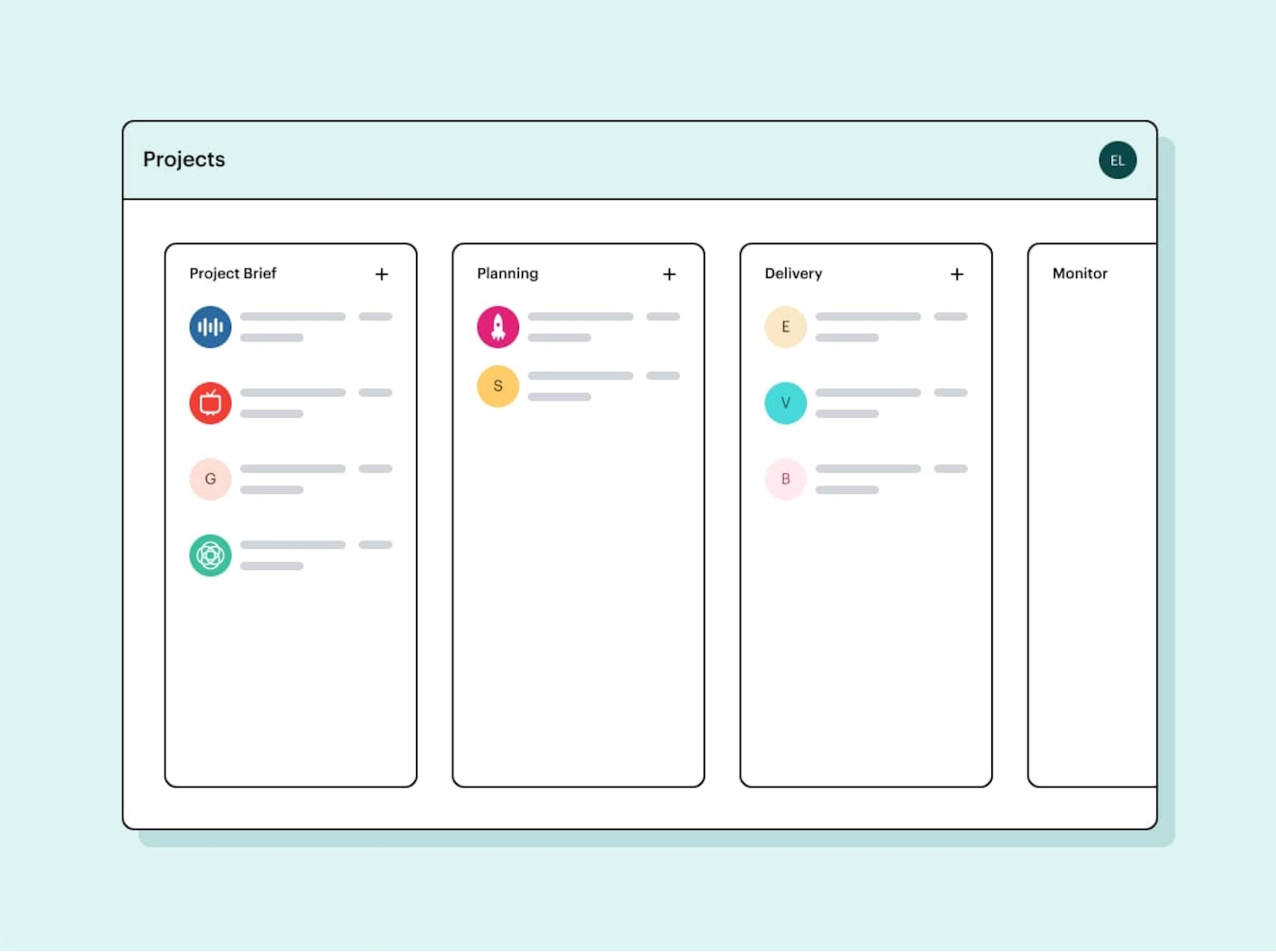 Project management board with columns for brief, planning, delivery, and monitoring.