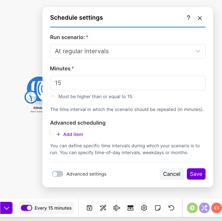 every 15 minutes button toggle on to activate make automation
