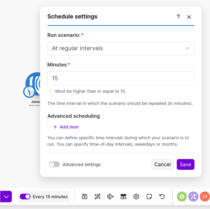 every 15 minutes button toggle on to activate make automation