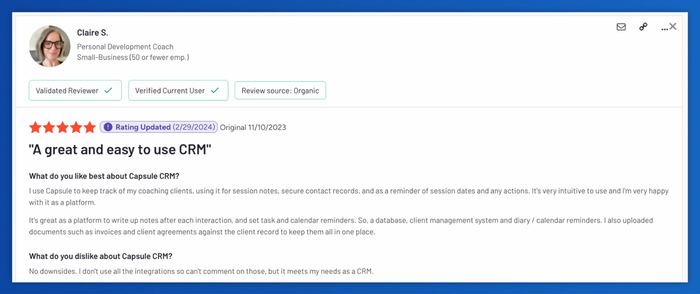 Claire S. gives Capsule a five-star review for helping her track coaching clients with notes, reminders, and secure records.