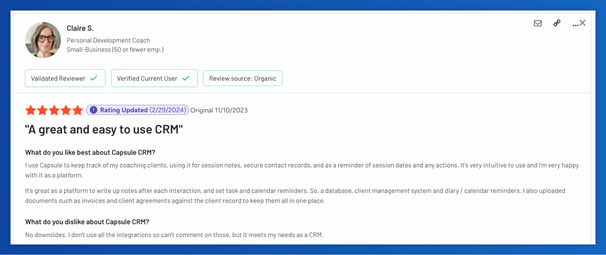 Claire S. gives Capsule a five-star review for helping her track coaching clients with notes, reminders, and secure records.