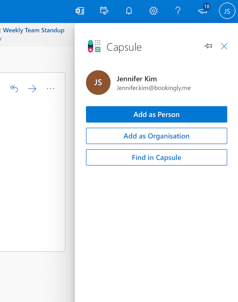 Complemento de Capsule para Outlook que muestra las opciones cuando un correo electrónico proviene de un contacto completamente nuevo