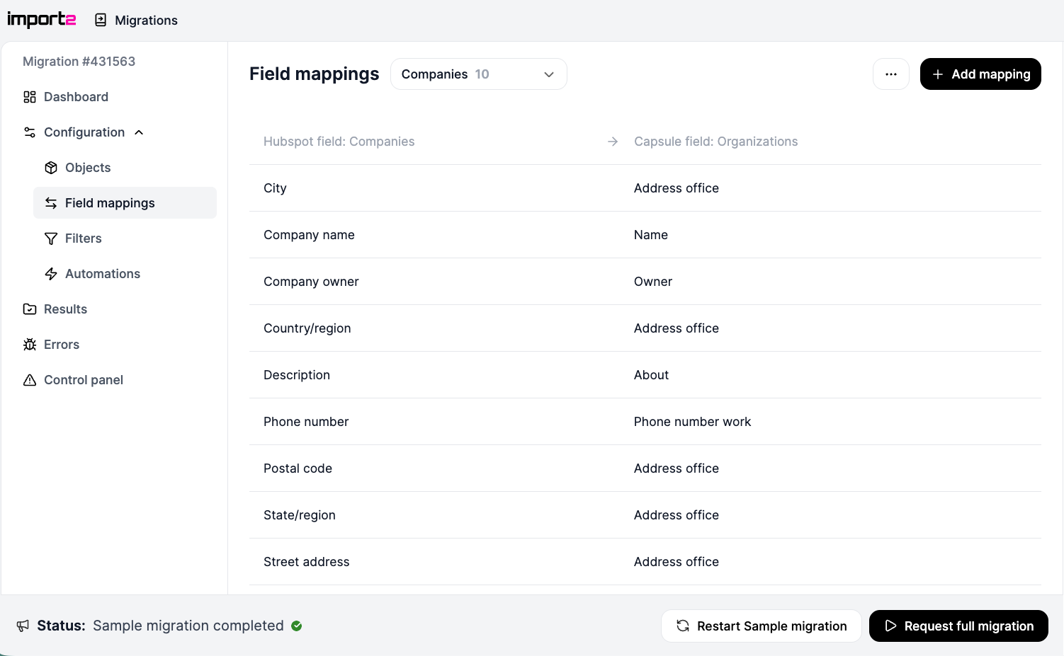 showing import2 settings page for field mappings