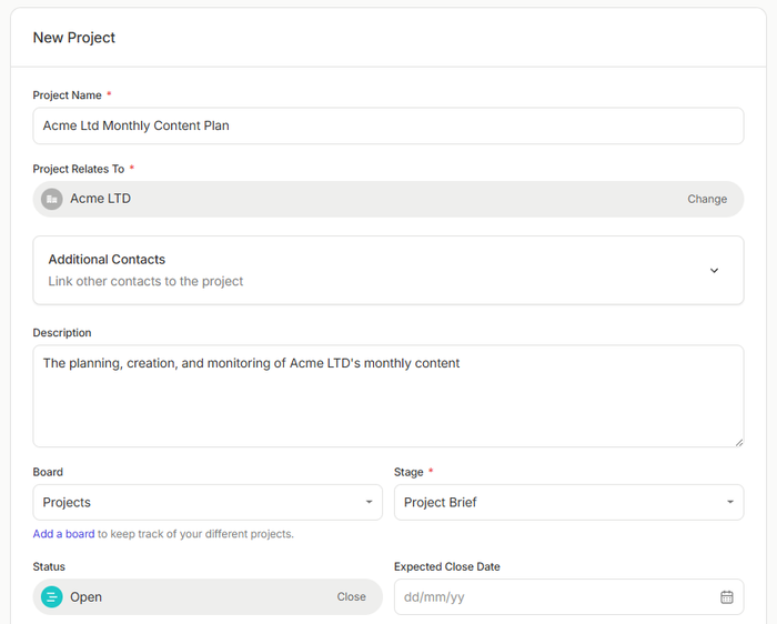 a screen shot of a new project page where youcan add all the relevant information like expected close date and the related contact or organization