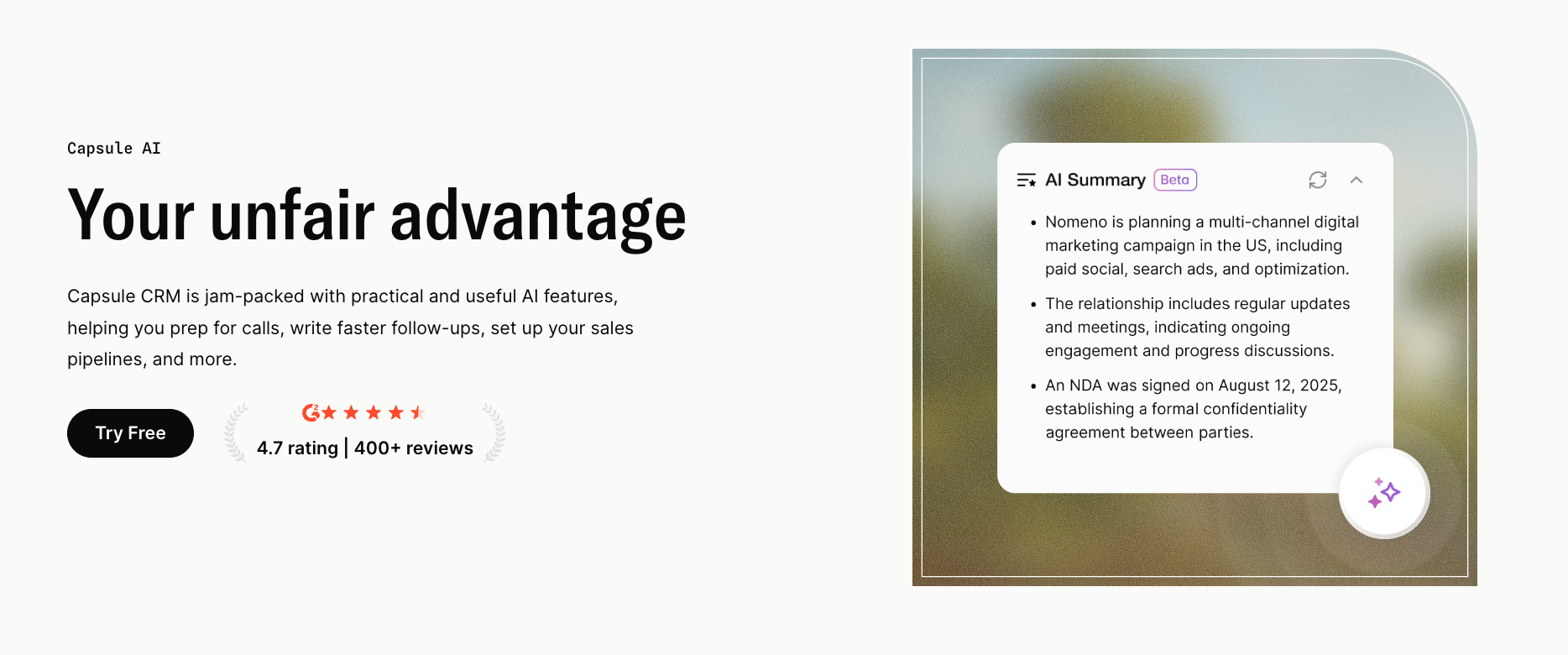 A product page for Capsule AI promoting "Your unfair advantage" with AI features, next to an AI Summary pop-up showing project details.