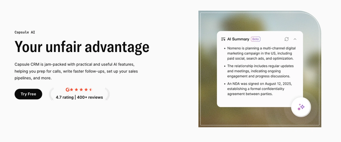 A product page for Capsule AI promoting "Your unfair advantage" with AI features, next to an AI Summary pop-up showing project details.