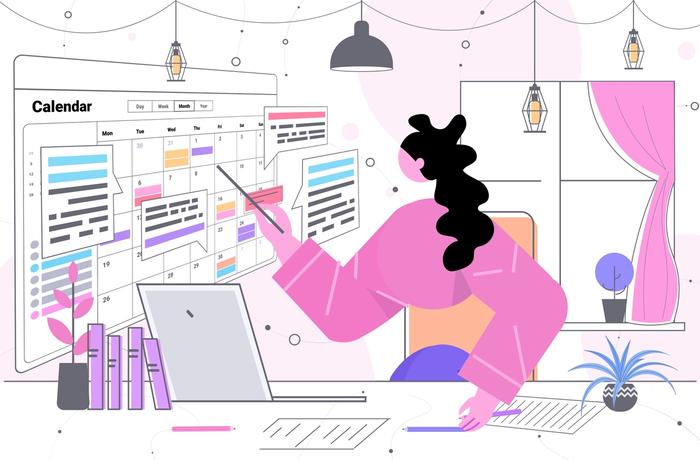 Illustration shows person creating a content calendar as part of her business marketing plan