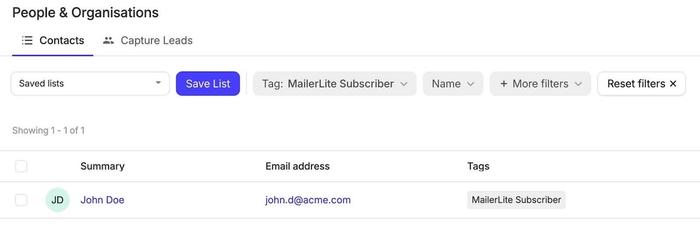 contact test ajouté de MailerLite à Capsule via un scénario Make