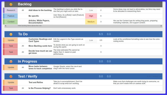 One of the project management Excel templates in Kanban style.