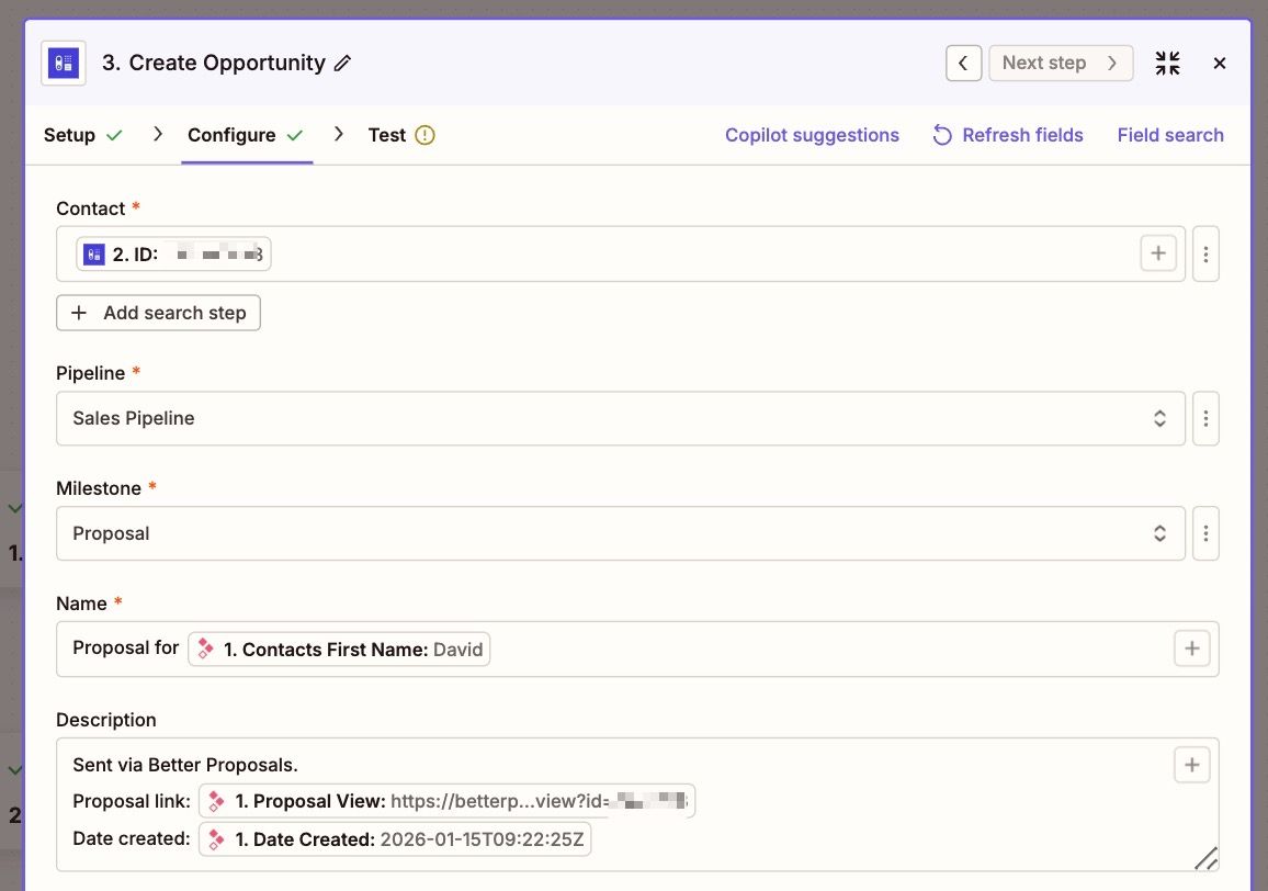 campos asignados para crear una nueva oportunidad en Capsule a través de Zapier