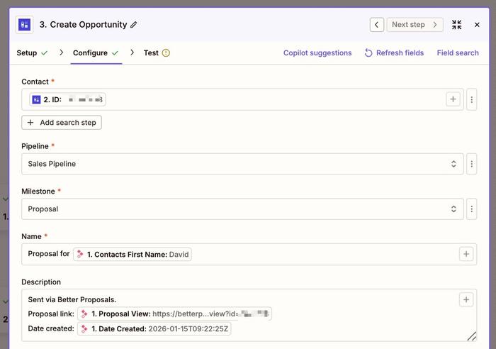champs mappés pour créer une nouvelle opportunité dans Capsule via Zapier