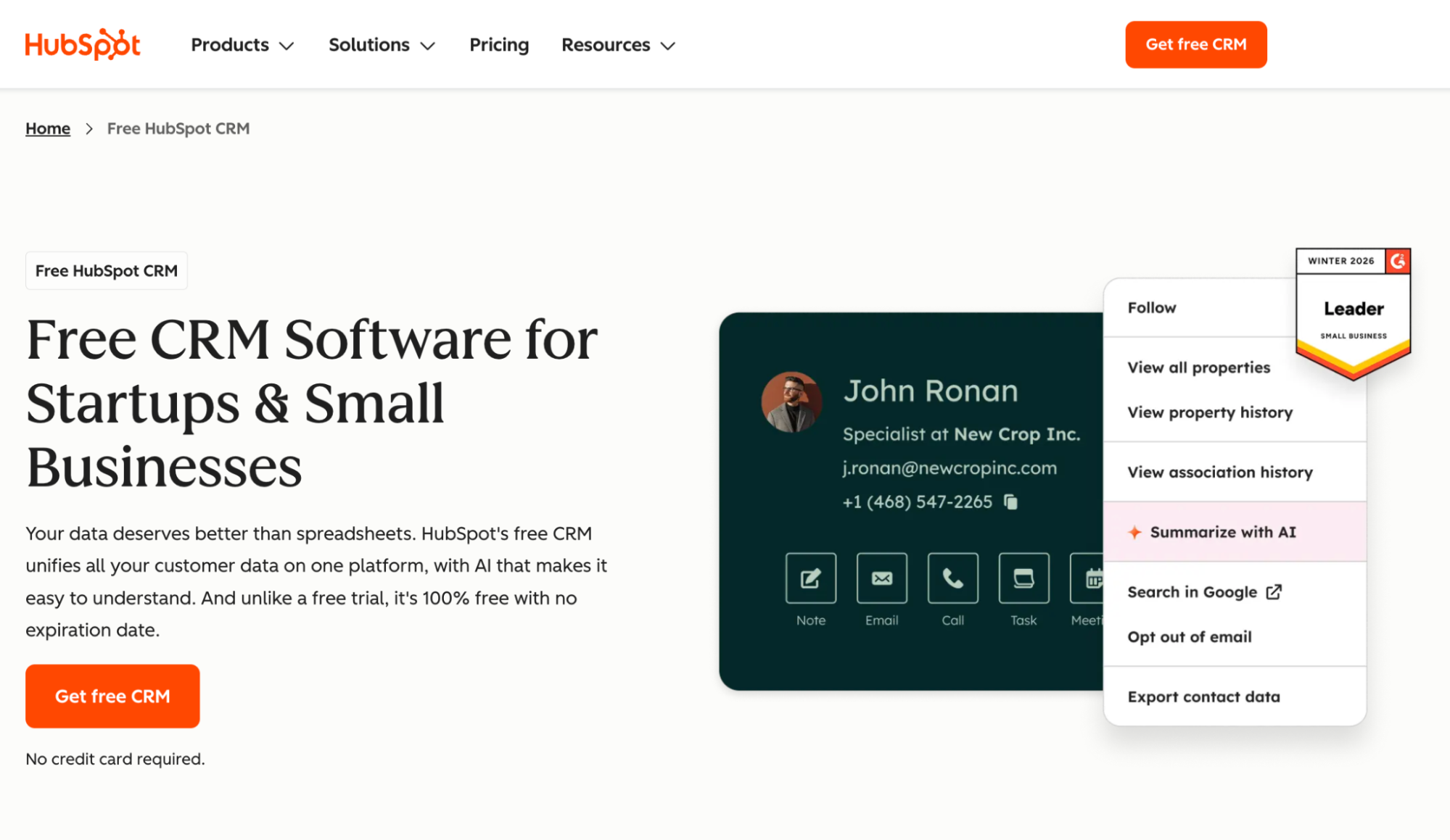 HubSpot webpage advertising free CRM software, featuring a contact card with a dropdown menu highlighting "Summarize with AI."
