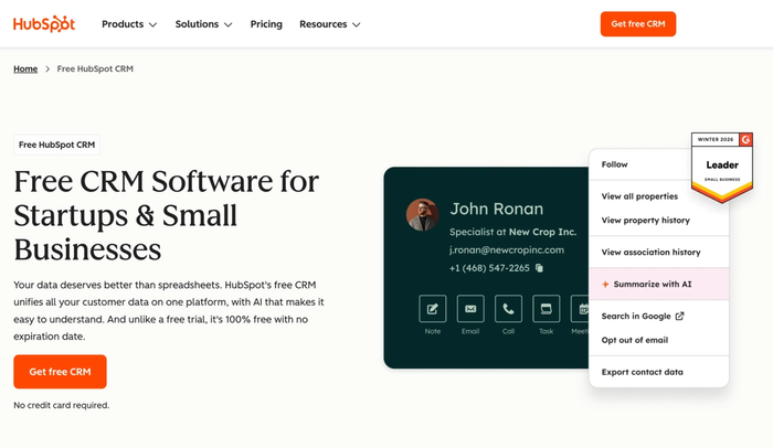 HubSpot webpage advertising free CRM software, featuring a contact card with a dropdown menu highlighting "Summarize with AI."