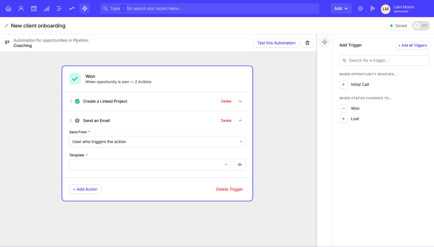 una captura de pantalla muestra a un usuario creando una automatización de flujo de trabajo para enviar un correo electrónico cuando ganas una oportunidad de venta