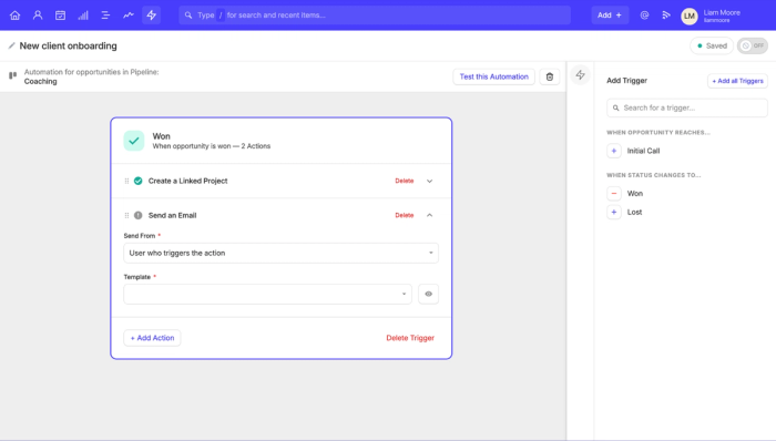 a screenshot shows a user building a workflow automation to send an email when you win a sales opportunity