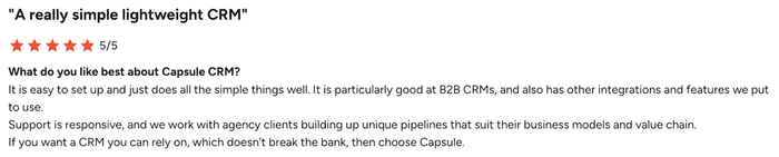 A 5-star customer review for Capsule CRM, praising its simplicity, B2B effectiveness, integrations, and responsive support.