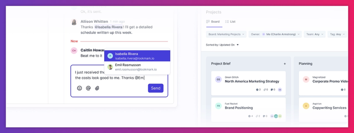 Project collaboration interface showing a user tagging teammates in a comment box alongside a Kanban-style board with project stages like Project Brief and Planning.