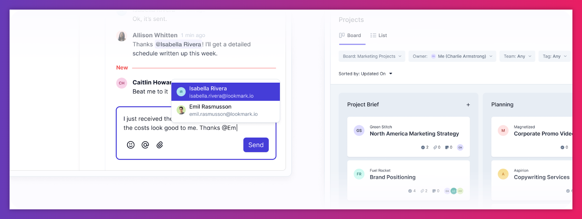 Project collaboration interface showing a user tagging teammates in a comment box alongside a Kanban-style board with project stages like Project Brief and Planning.
