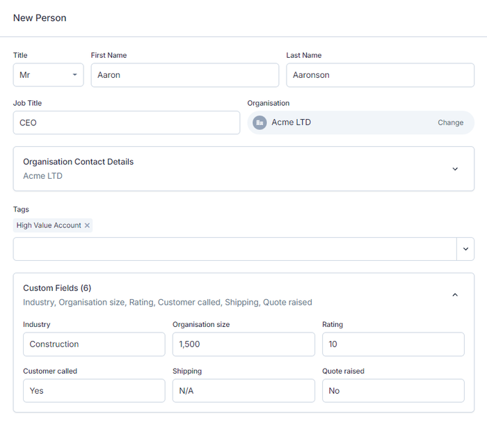 A screenshot of Capsule CRM shows the process of adding new contacts and filling in your unique custom fields