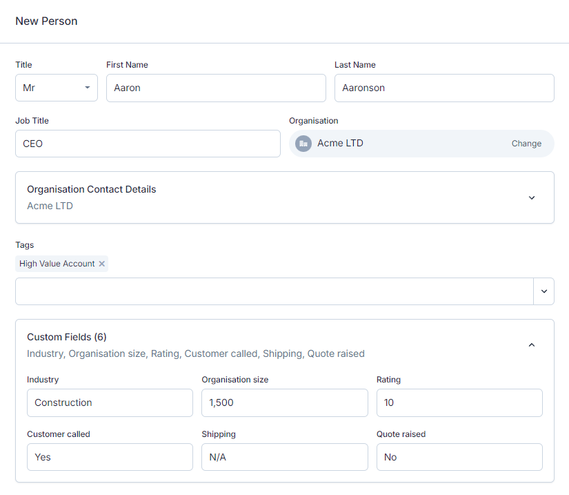 A screenshot of Capsule CRM shows the process of adding new contacts and filling in your unique custom fields