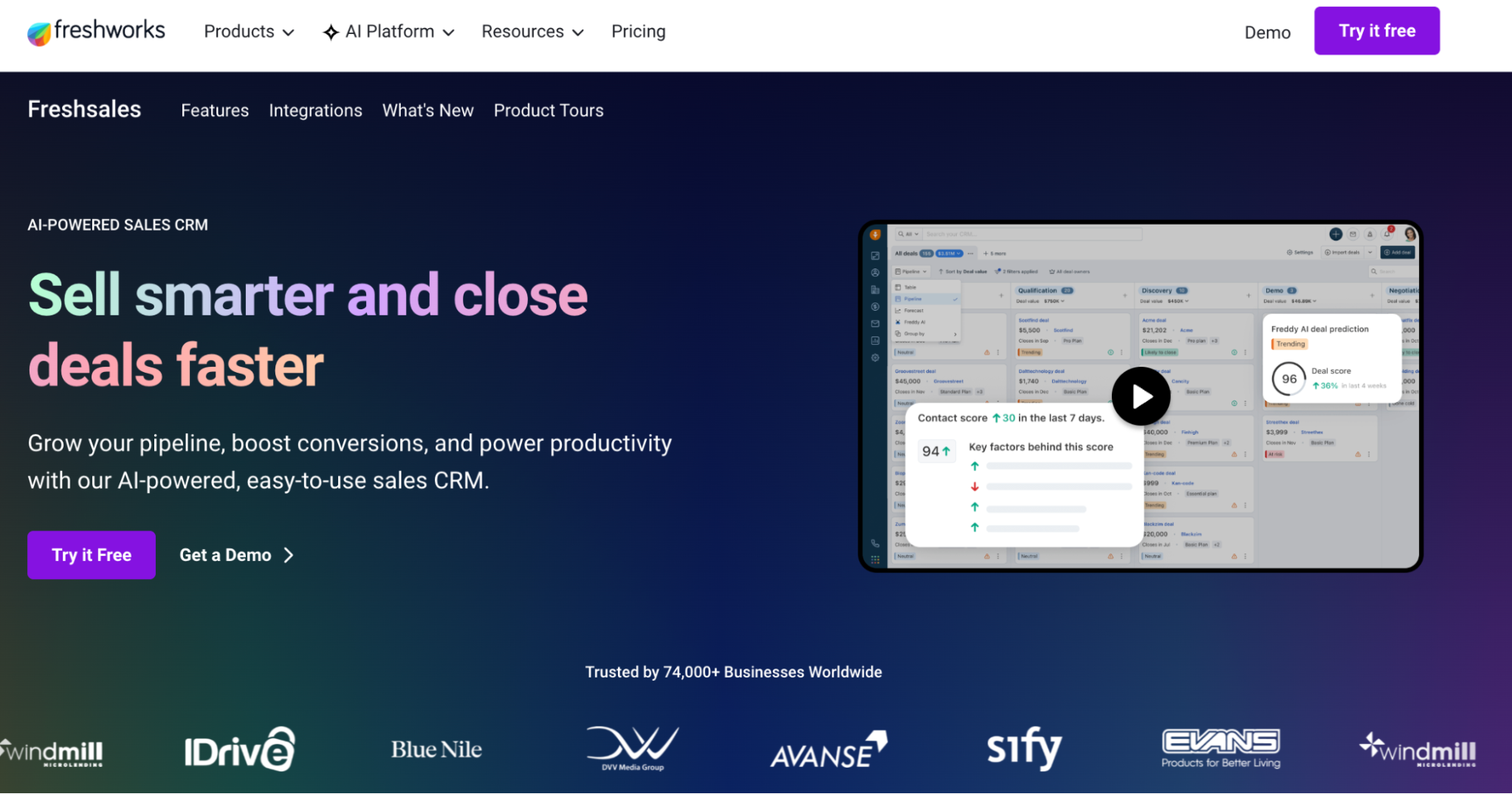 Freshworks Freshsales CRM homepage with "Sell smarter and close deals faster" headline, a screenshot of the CRM interface featuring a demo video placeholder, and client logos.