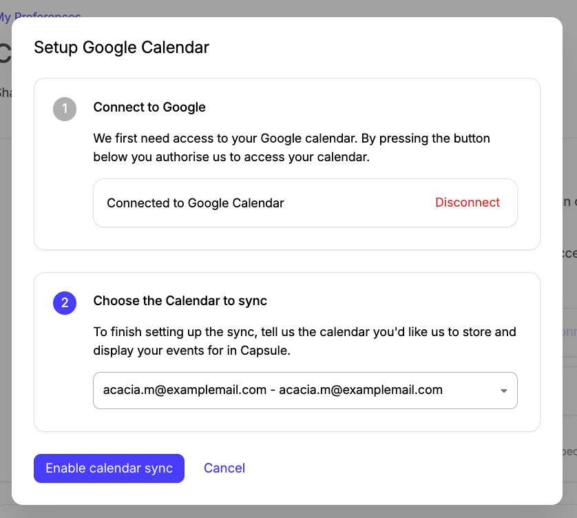exemplo de Google Agenda selecionado nas configurações da conta