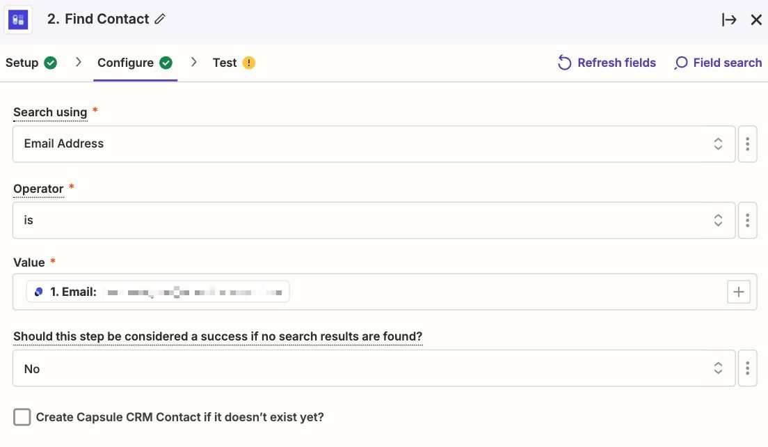 showing the search for contact by email in find step