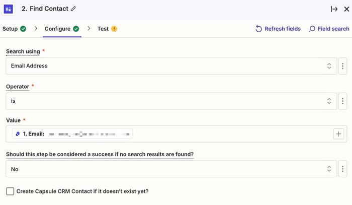 showing the search for contact by email in find step