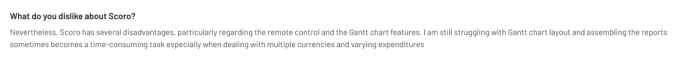 User review text expressing difficulties with Scoro’s remote control, Gantt chart layout, and managing multiple currencies.