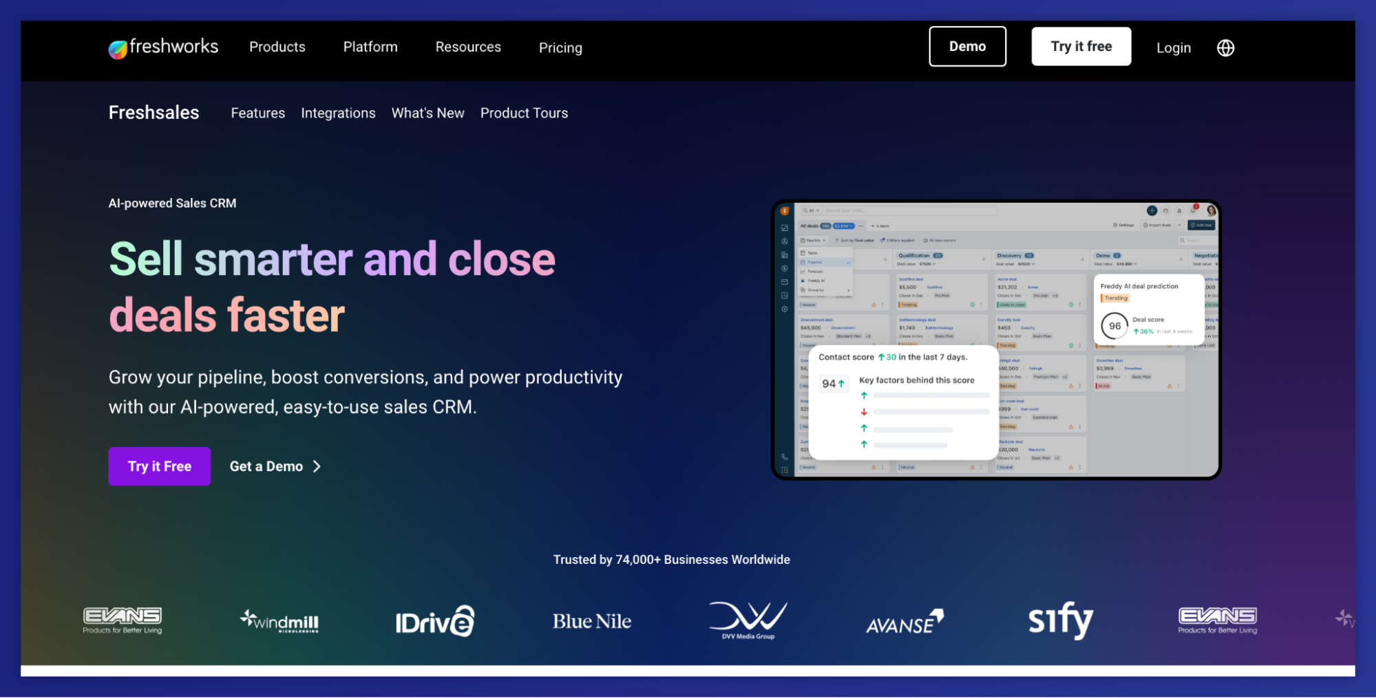 Sitio web de Freshworks Freshsales CRM que muestra un panel de ventas impulsado por IA y el titular «Vende de forma más inteligente y cierra acuerdos más rápido».