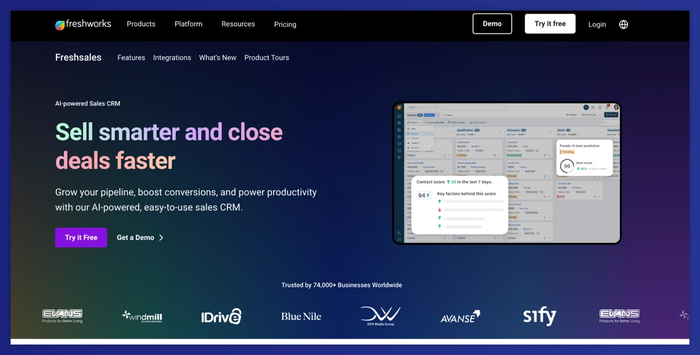 Freshsales AI-powered CRM website displaying its dashboard with sales data.