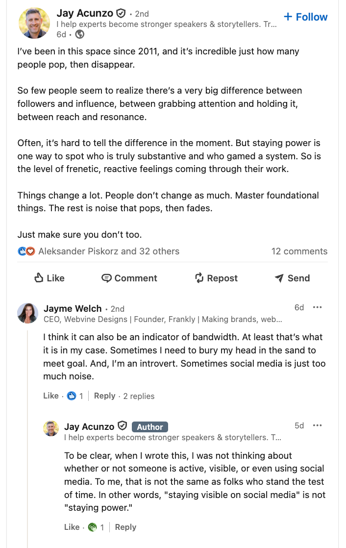 A LinkedIn post by Jay Acunzo and comments, discussing the importance of "staying power" and lasting influence versus fleeting attention on social media.