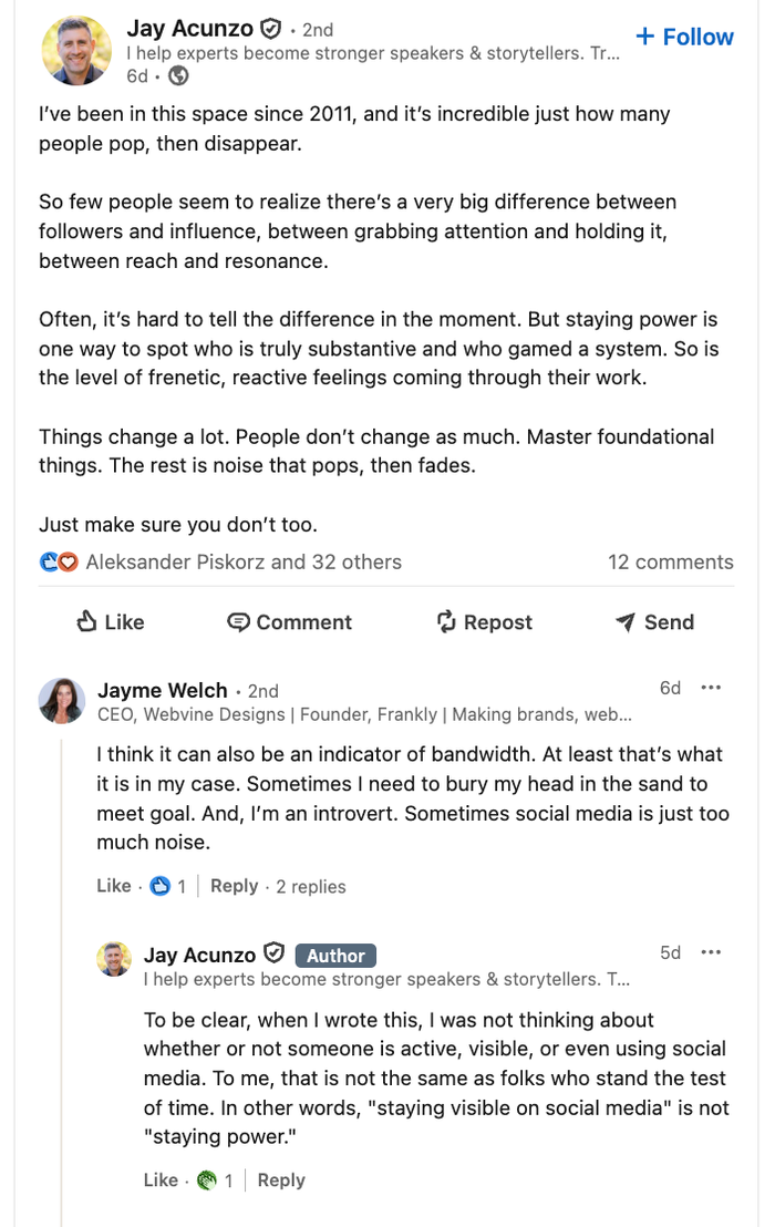 A LinkedIn post by Jay Acunzo and comments, discussing the importance of "staying power" and lasting influence versus fleeting attention on social media.