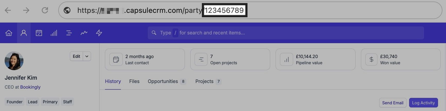showing contact id in the Capsule url bar