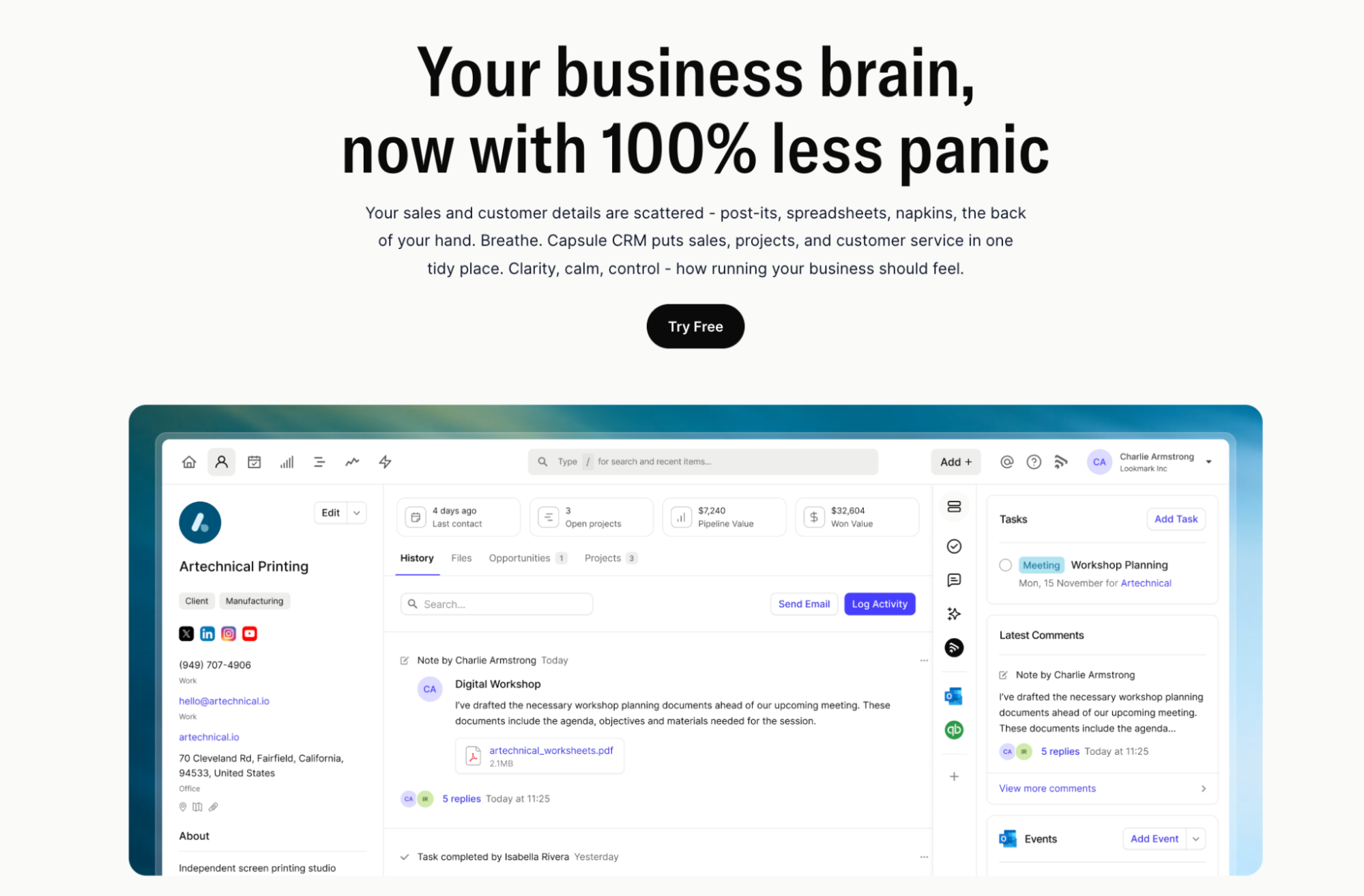 Website for Capsule CRM with the headline "Your business brain, now with 100% less panic" and a screenshot of the CRM's client profile interface.