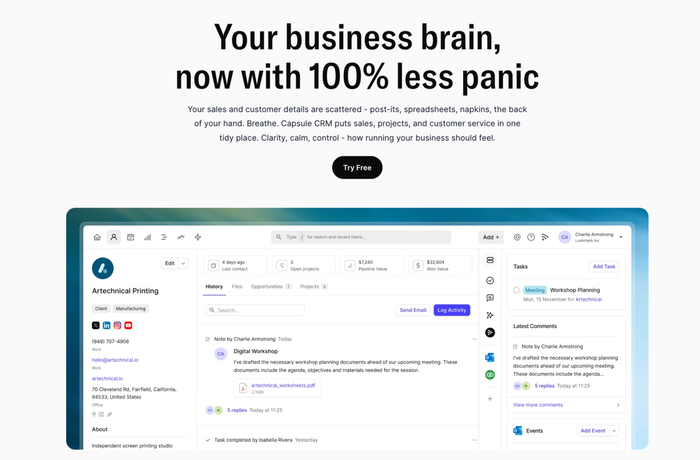 Website for Capsule CRM with the headline "Your business brain, now with 100% less panic" and a screenshot of the CRM's client profile interface.