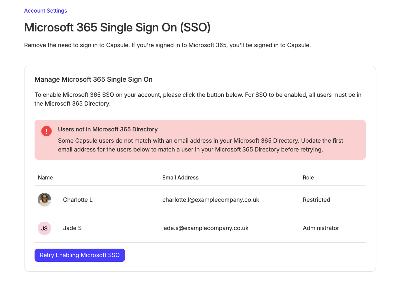 Tabla de mensajes de error que muestra dos usuarios de Microsoft 365 que no están en el directorio