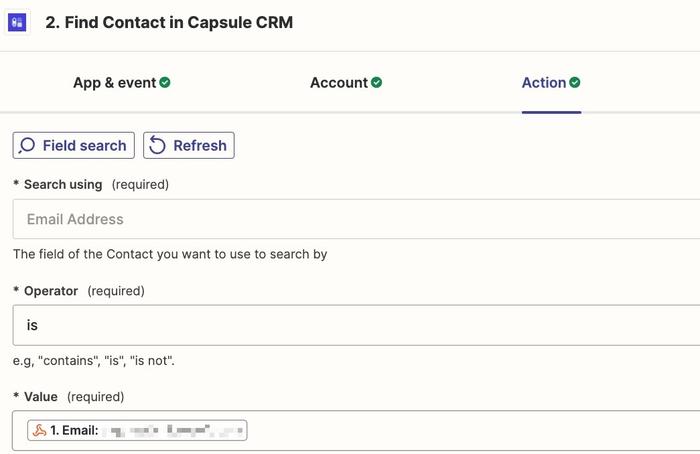 showing the search for contact by email in find step