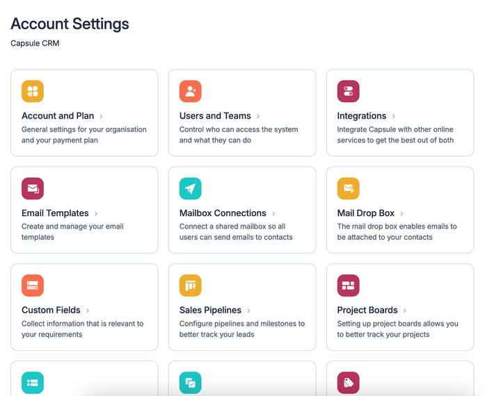 A screenshot of the account settings page for Capsule CRM