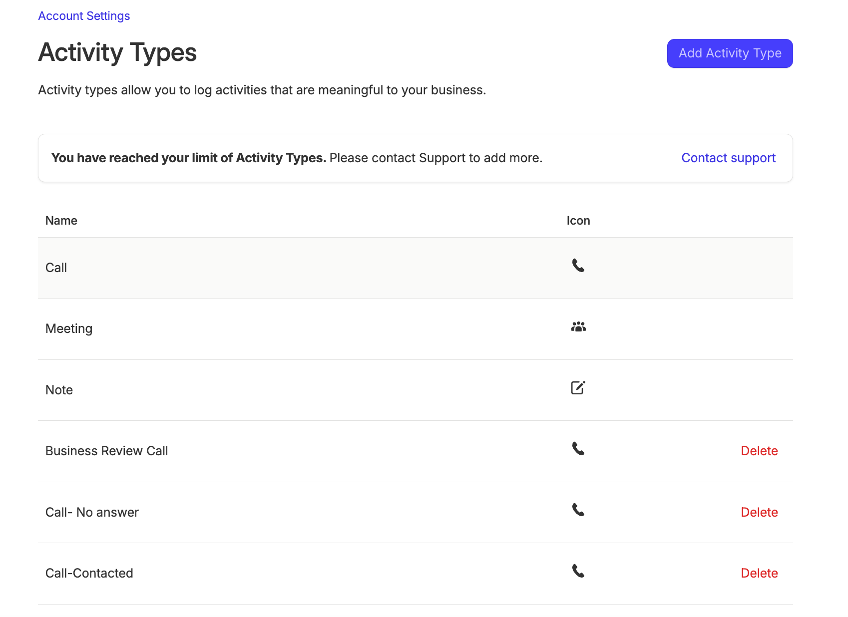 List of sample custom activity types in the Capsule Account Settings