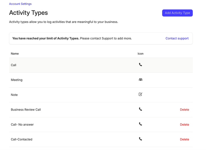List of sample custom activity types in the Capsule Account Settings