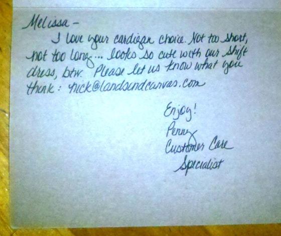a handwritten note from melissa to a customer