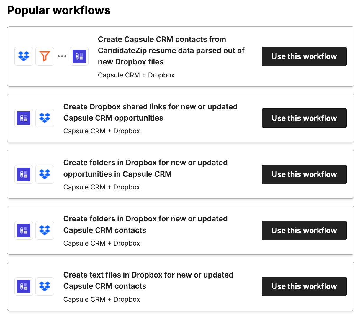una captura de pantalla de la página de flujos de trabajo populares para Dropbox