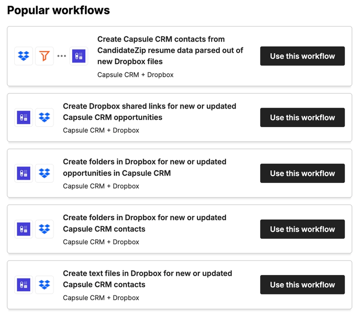 a screenshot of the popular workflows page for dropbox