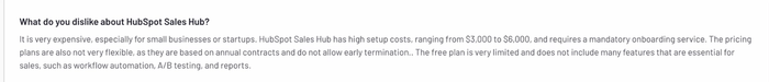 User critique of HubSpot Sales Hub mentioning high costs, inflexible contracts, limited free plan features, and required onboarding services.