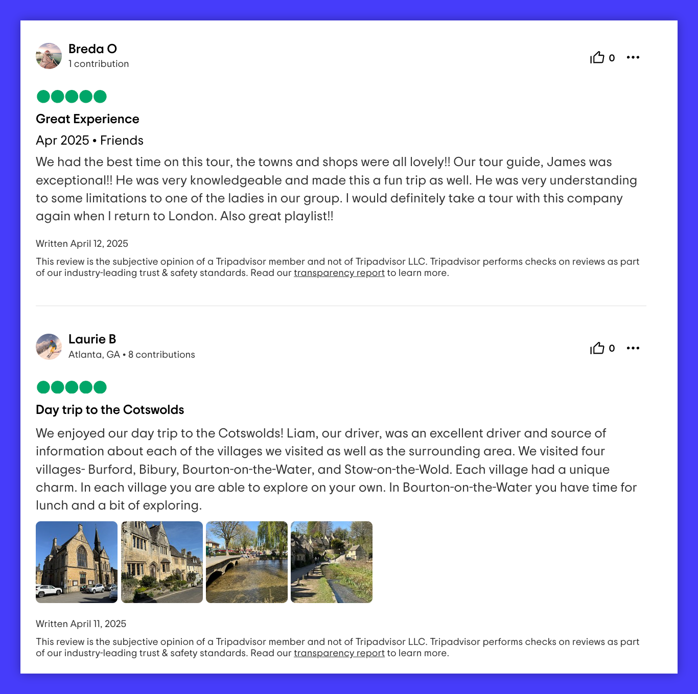 A tripadvisor review for a day trip to Cotswolds.