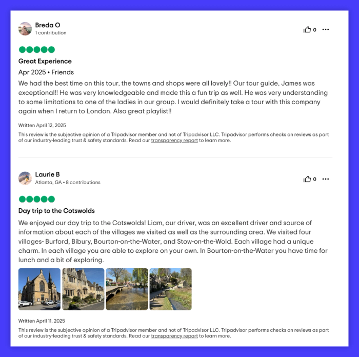 A tripadvisor review for a day trip to Cotswolds.