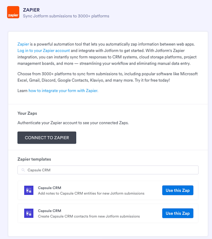 mostrar os modelos zapier a partir do jotform
