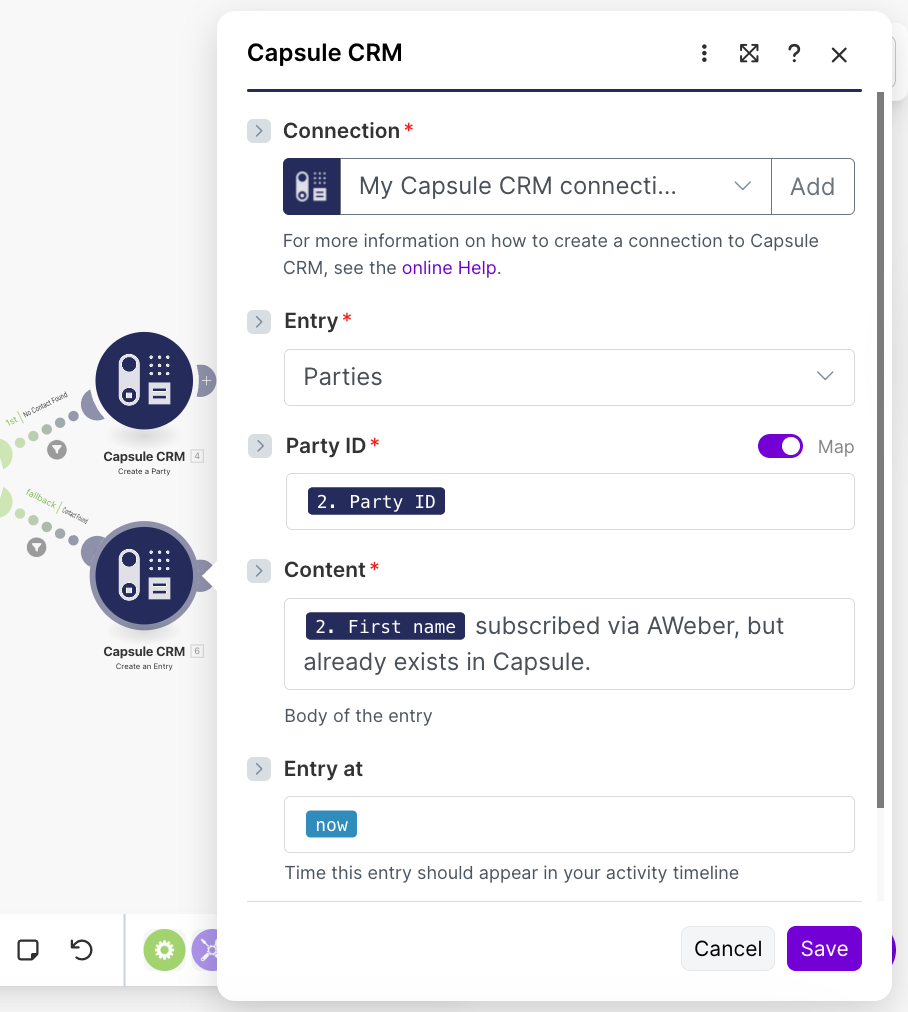 fields populated for adding a note to existing capsule contact