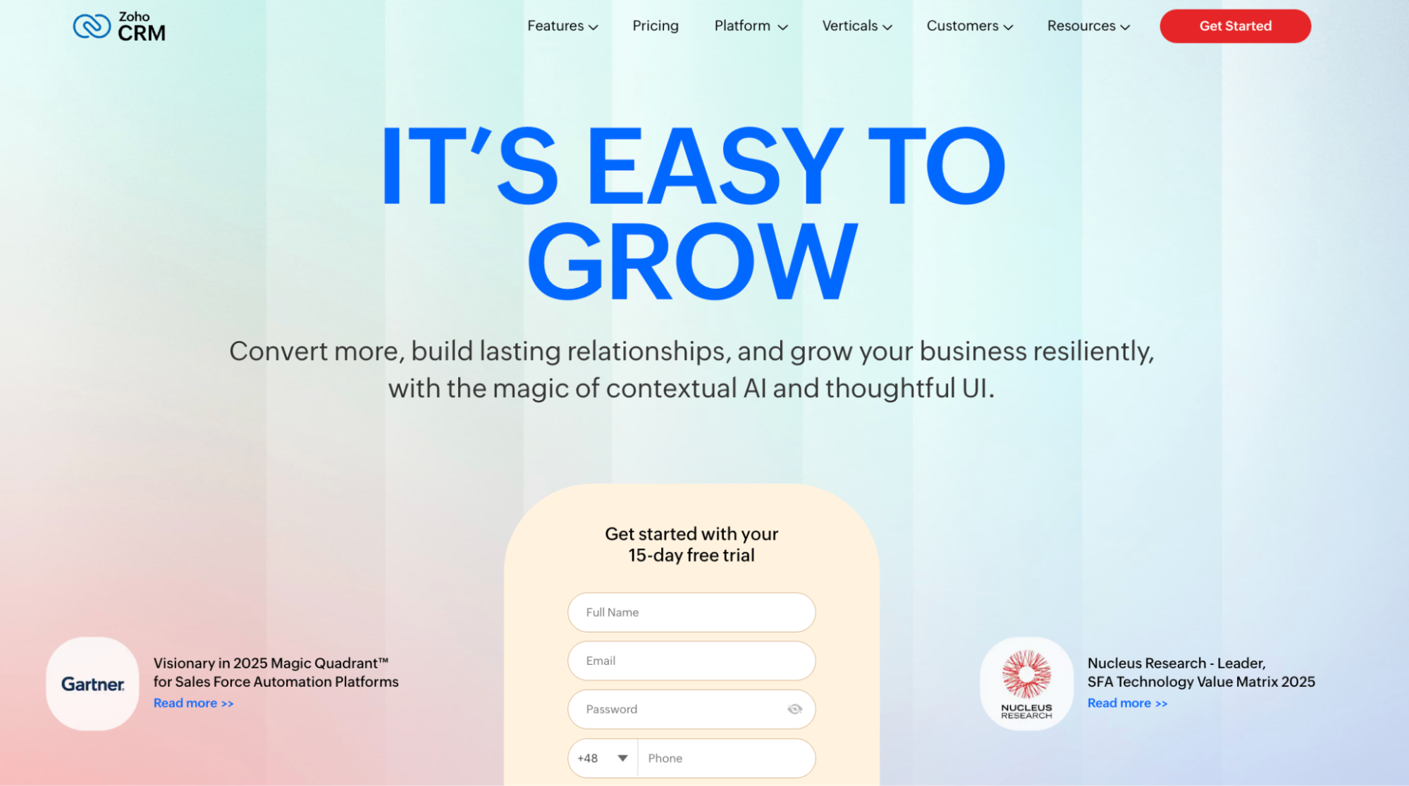 Zoho CRM landing page featuring the headline "IT'S EASY TO GROW," a sign-up form for a 15-day free trial, and recognition from Gartner and Nucleus Research.
